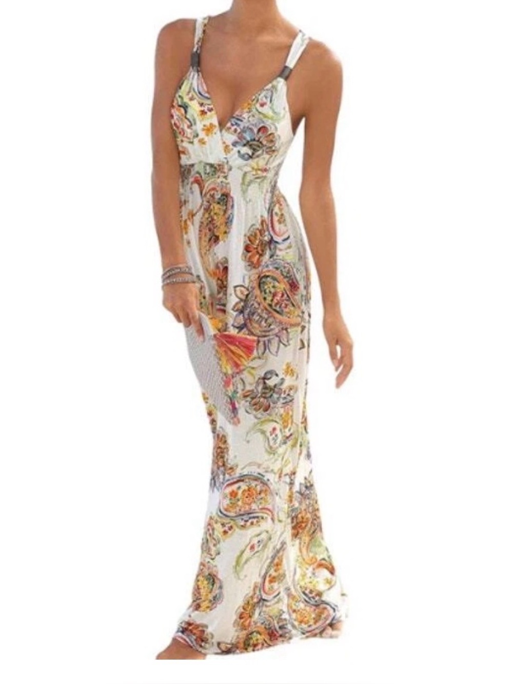 Sleeveless maxi dress small Bohemian Floral Paisley resort tropical v-neck boho